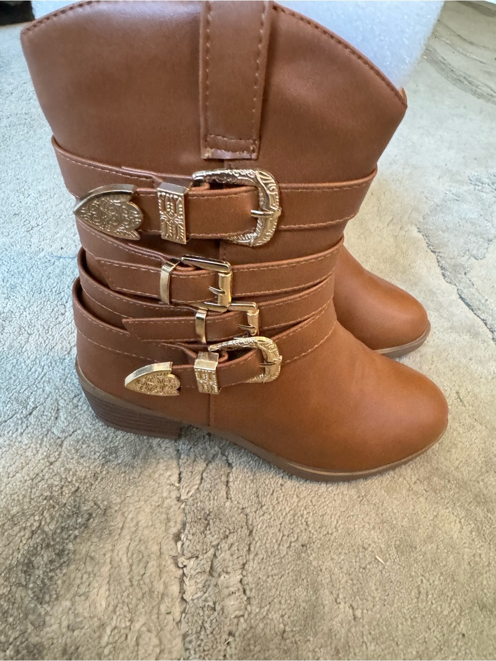 Kids' Tan Faux-Leather Mid-Calf Boots with Decorative Gold Buckles